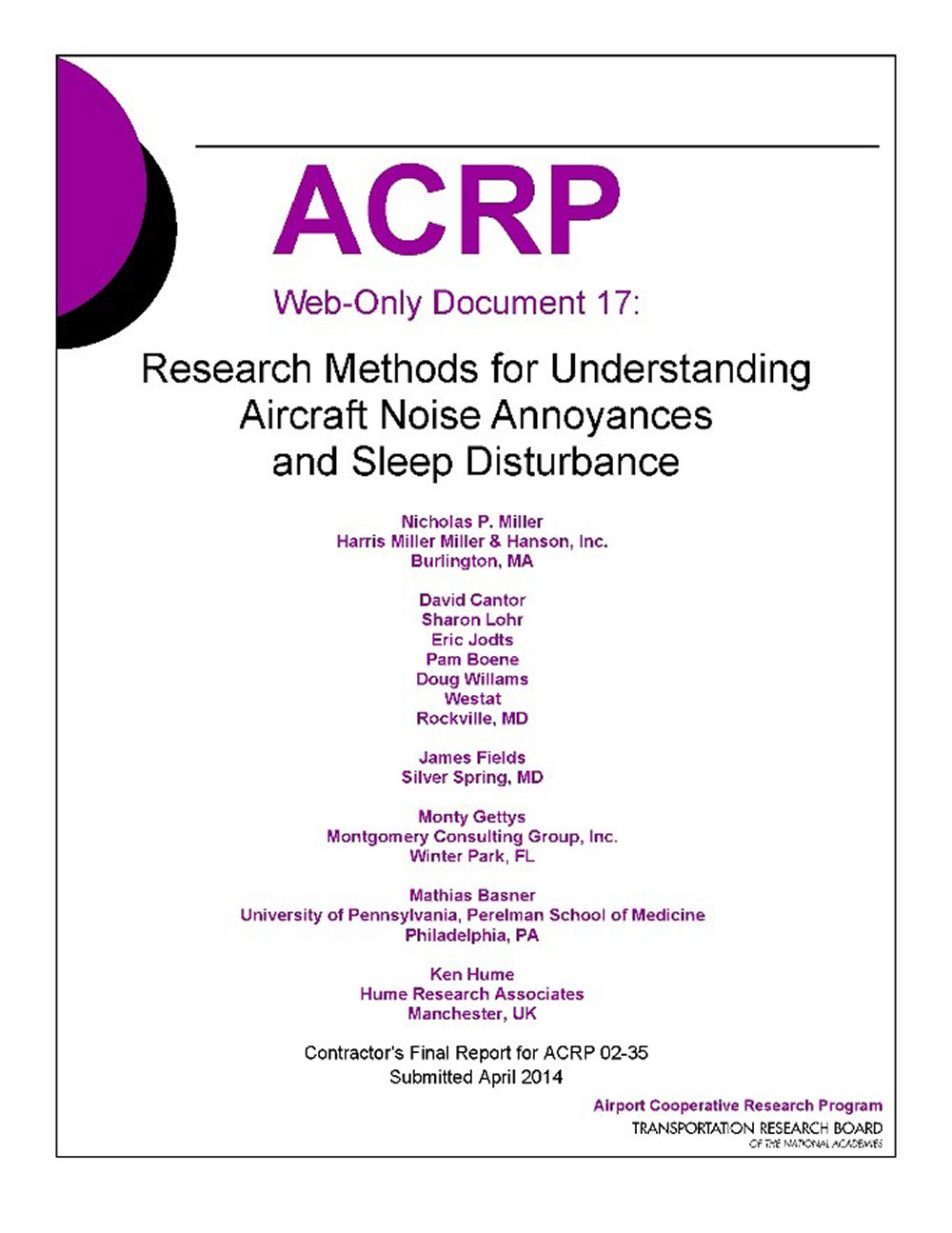 ACRP 02-35: Research Methods for Understanding Aircraft Noise Annoyance and Sleep Disturbance